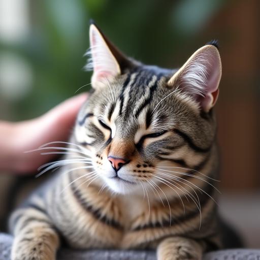 グルーマーに優しく撫でられている落ち着いた猫